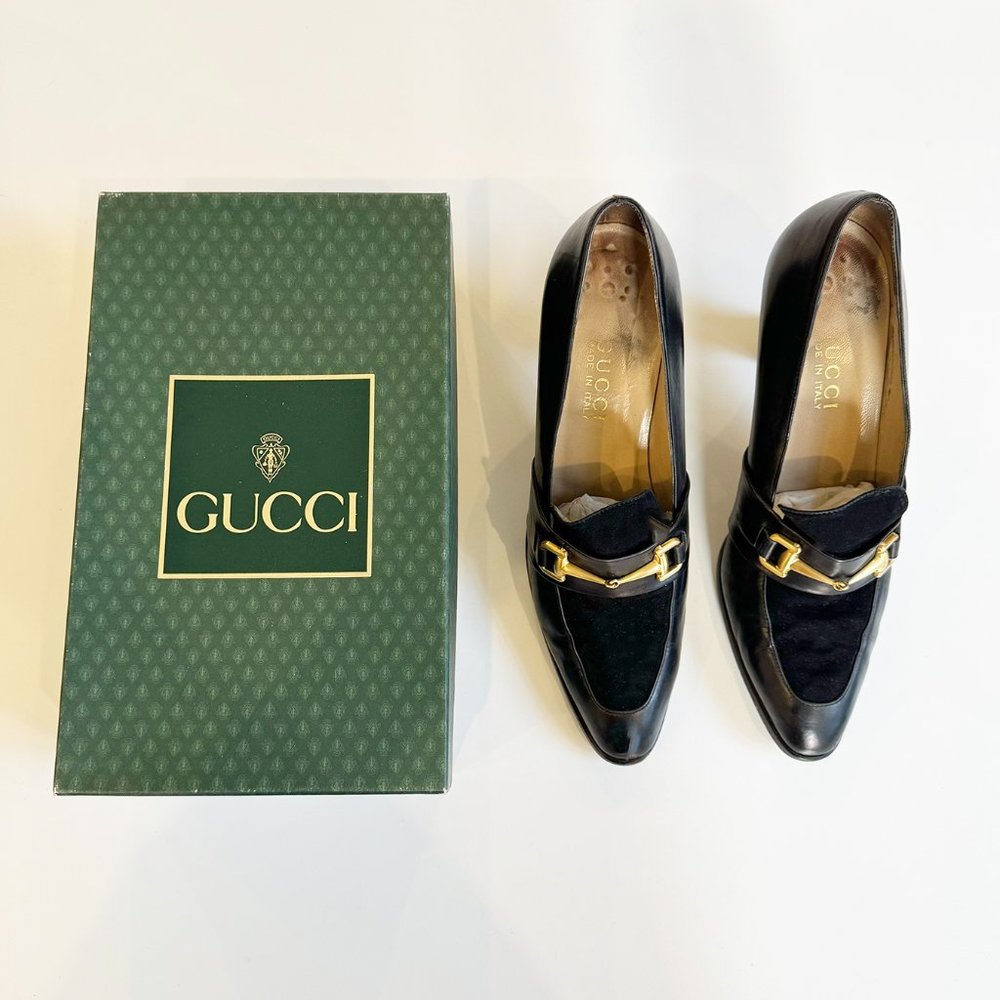 Gucci Black Leather & Suede Gold-Accent Heels